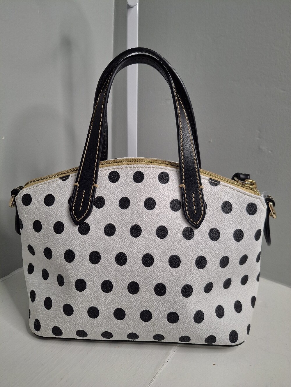 Dooney & Bourke Black White Polka Dot Satchel Handbag + Leather Wallet - Picture 4 of 8